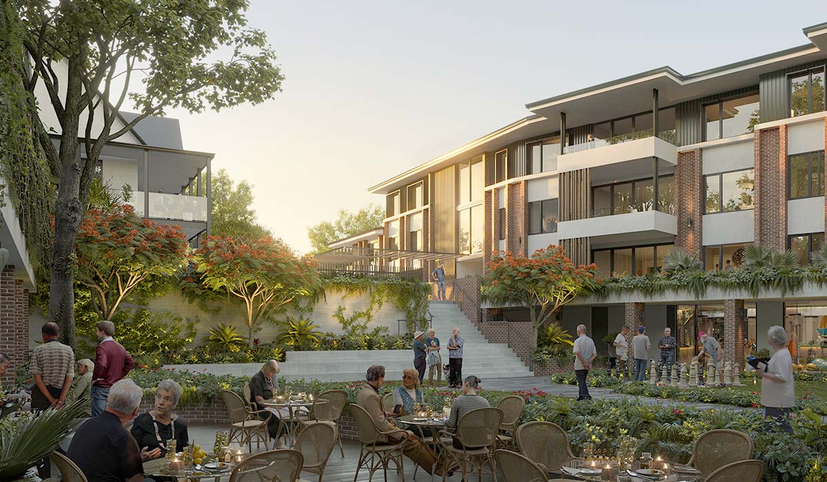 Artist impression of Bolton Clarke Westmead retirement community apartment facades and outdoor area
